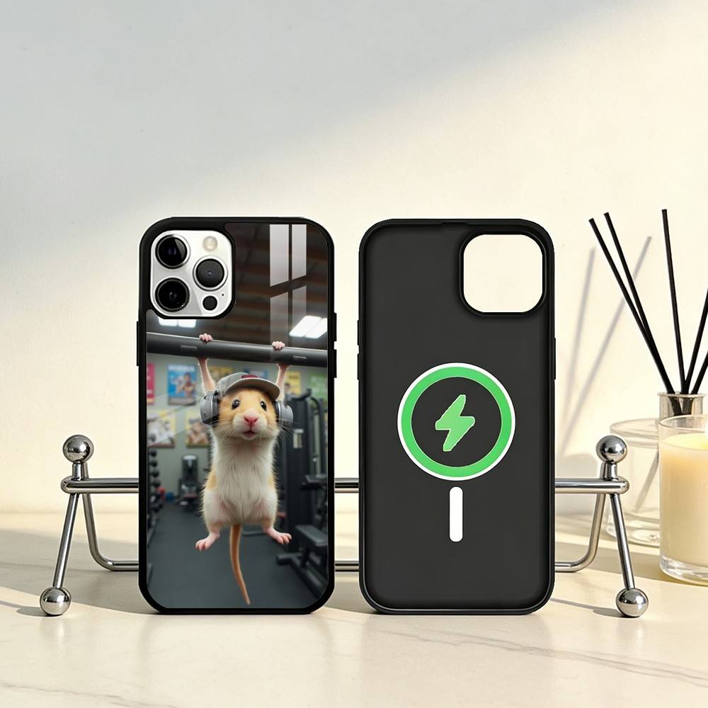 Cute Gym Hamster Phone Case For iPhone17,16,15,14,13,12,11 Plus,Pro Max Magnetic For Magsafe Wireless Charging