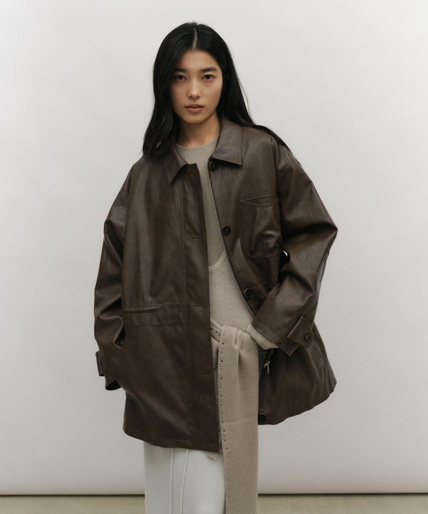 LOW TIDE Drawstring Leather Half Jacket [Brown]