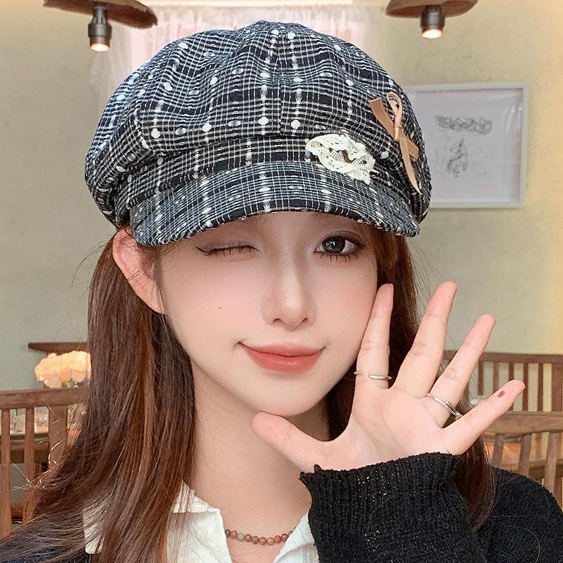Корейская версия Осенняя Любовь Кружево Бант Клетка Берет Женский Сладкий Литературный Универсальный Высококлассный Шляпа Художника