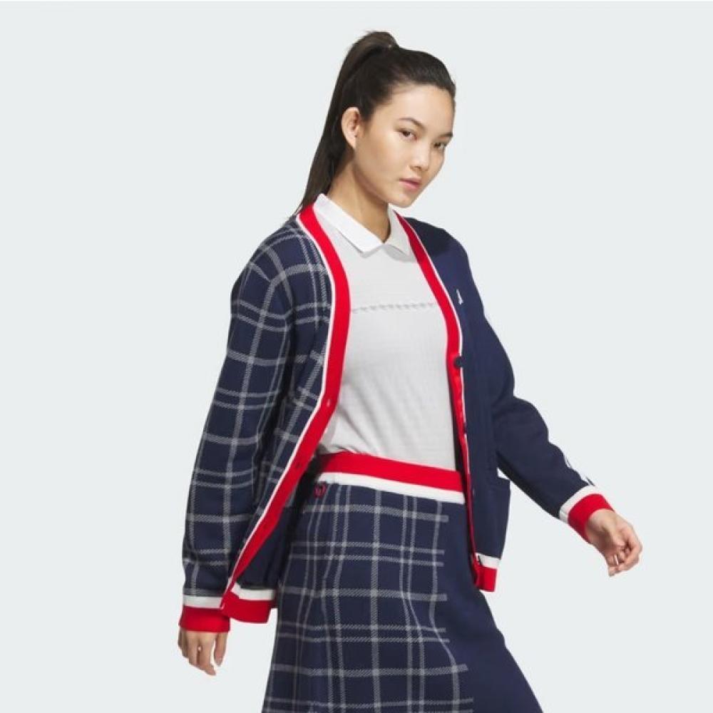 Adidas Golf 24 Fw Women S Knitted Pulley faShion 3S Check Cardigan iS4752 Navy