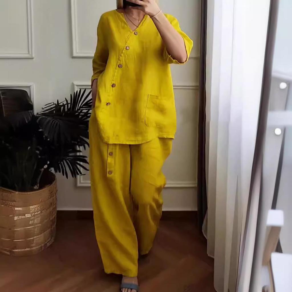 Летняя женская одежда, однотонный комплект из хлопка и пеньки, топ с семью рукавами и пуговицами, широкие брюки, комплект из двух предметов