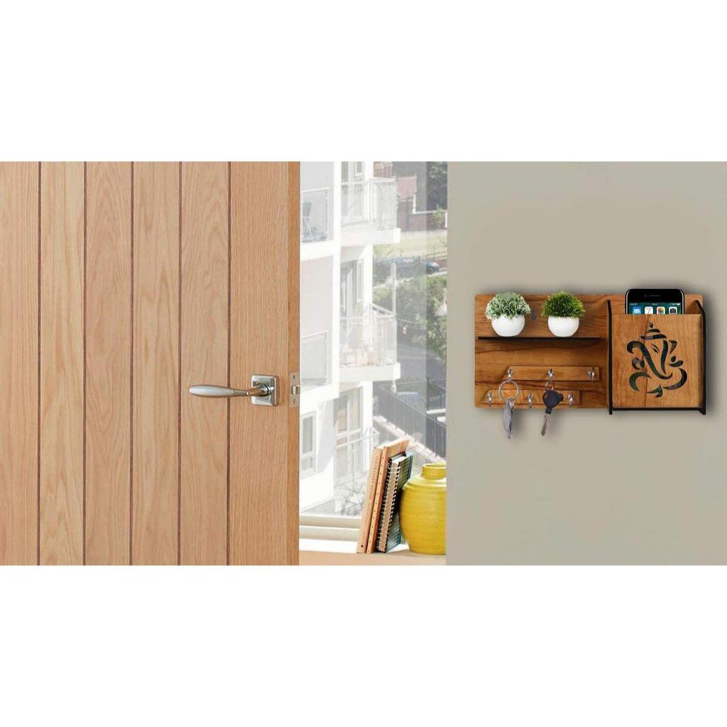 Многоцелевой деревянный держатель ключей Ганеша с мобильной подставкой и настенной полкой, 6 крючков для ключей, упаковка из 1 шт., деревянный