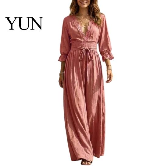 Loose Lace Dress Women V-Neck for Fall, 3/4 Sleeves Maxi with Autumn Outfits Belt, Solid Color Casual Long Vacation Daily Wear Sleeve