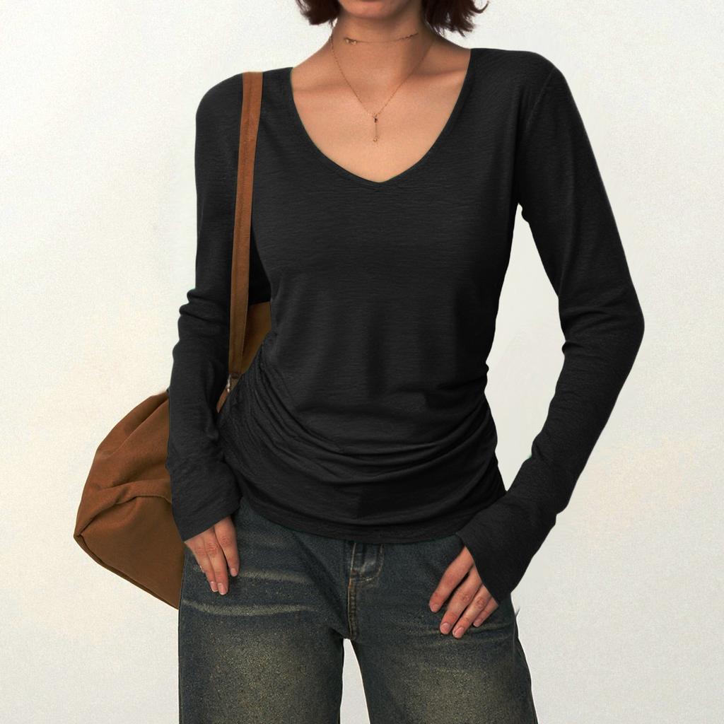 Женская модная повседневная футболка с завязками на талии и длинными рукавами и V-образным вырезом