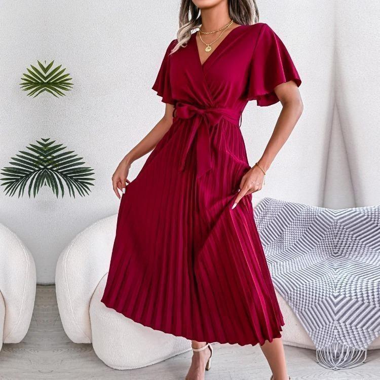Casual Dresses - Elegant Summer Maxi Dress V Neck Short Sleeve Solid Color Pleated Long Dress Women Fashion Spring Summer Sizes S XL
