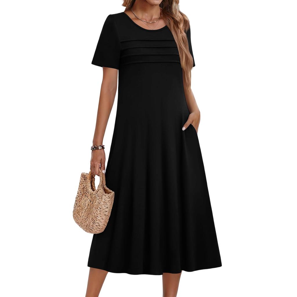 Женское повседневное модное платье с короткими рукавами и круглым вырезом.