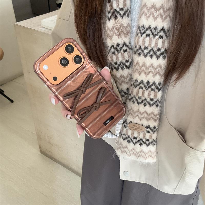 Maillard Brown Stripe 3D Bowknot Phone Case for iPhone 17/16 Pro Max/15/14 for Women