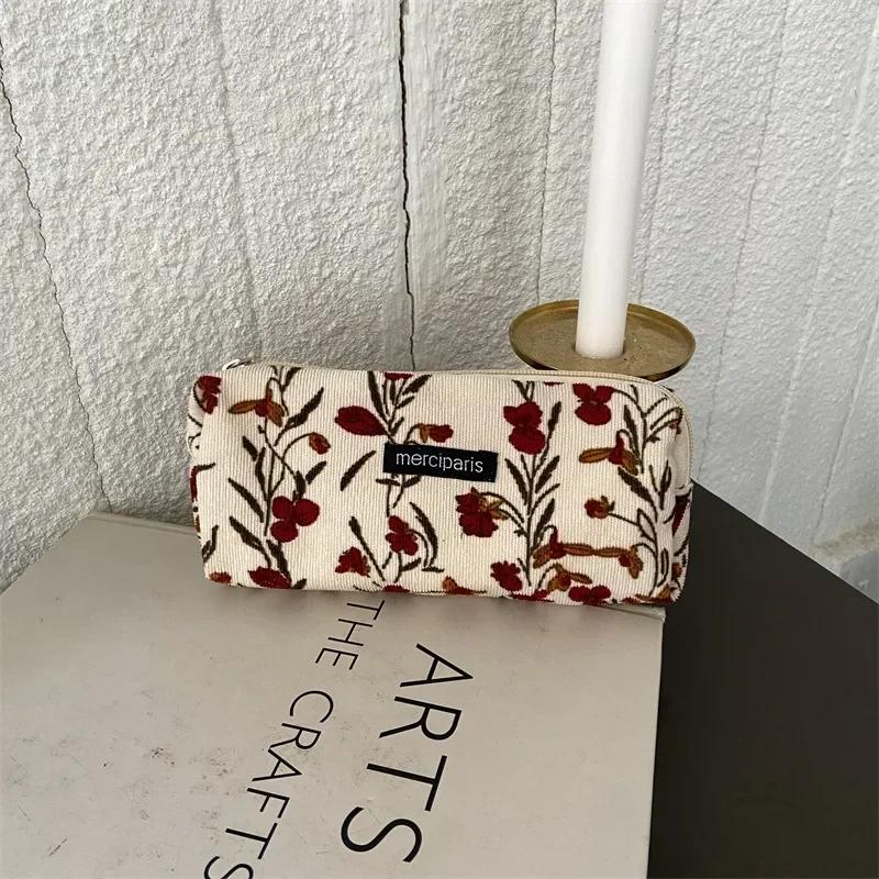 Corduroy Makeup Bags for Women Floral Print Cosmetic Bag Pencil Case Travel Toiletry Bag Storage Bag Organizer Beauty Case