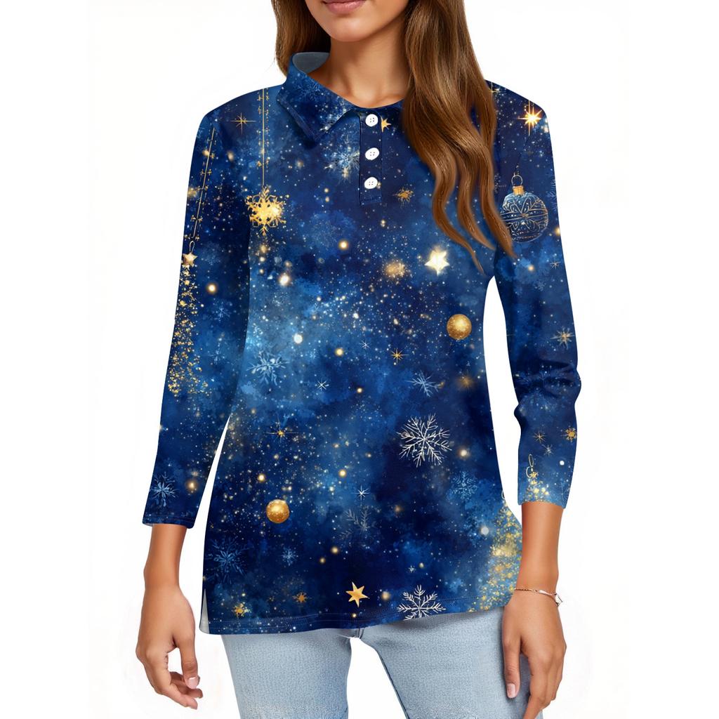 Women's Fashion Casual Lapel Short 3/4 Sleeve Christmas Print Shirt Women's Button Up Tops