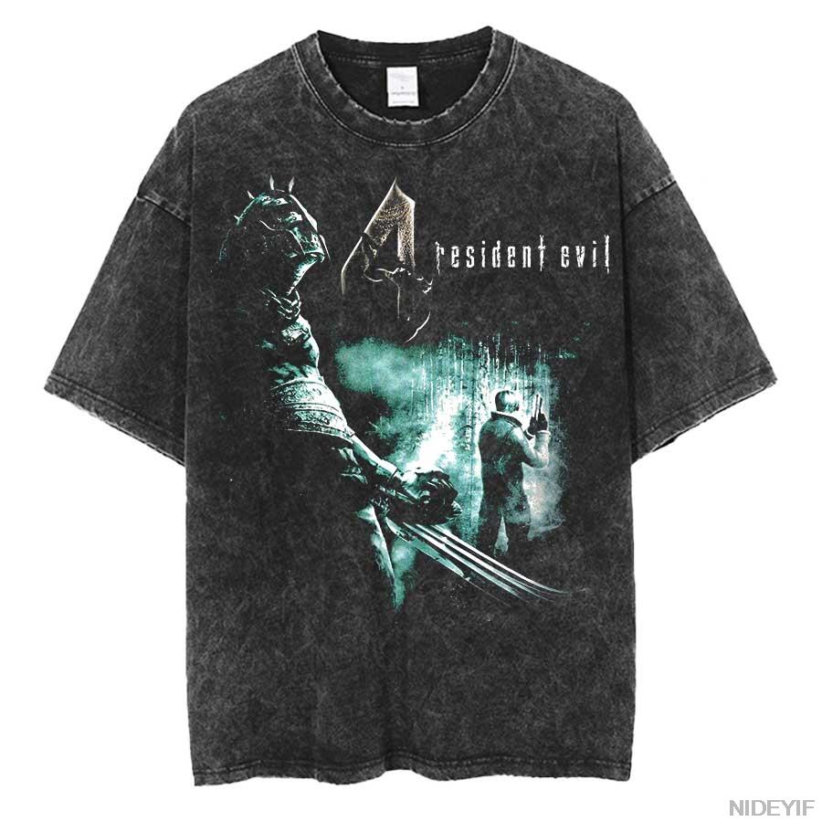 1990S Resident Evil Biohazard Leon Kennedy Oversized T shirt 100 Cotton Vintage Washed Tshirt for men women