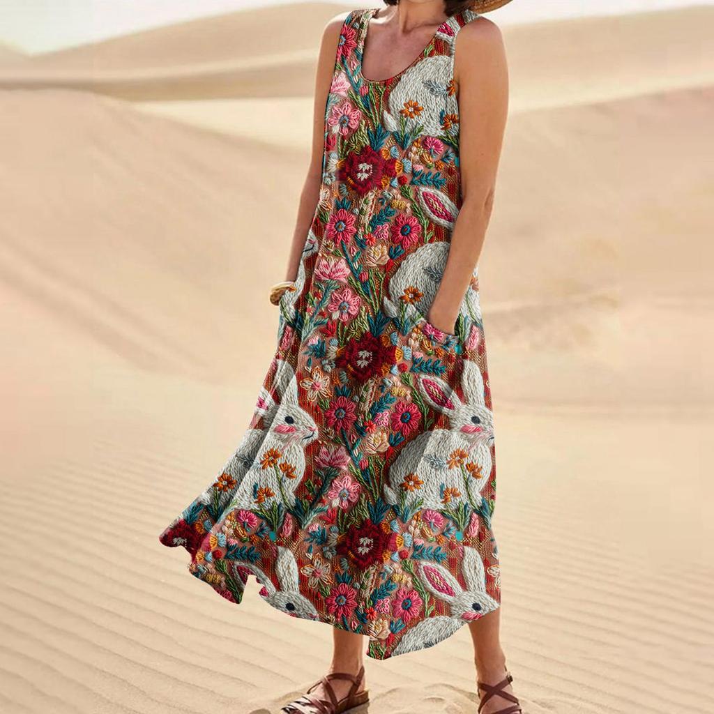 Women's Summer Casual Fashion Easter Printed Sleeveless Round Neck Pocket Dress
