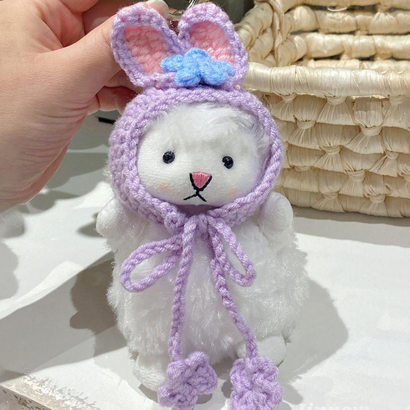 Charming Original Crochet Plush Sheep Keychain With Colorful Bow And Frog Eyes