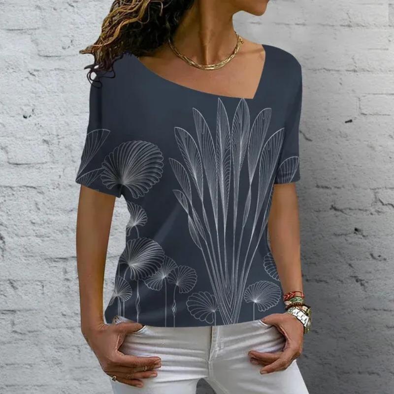 Новая модная футболка с V-образным вырезом, летний цветочный принт, короткий рукав, женская повседневная базовая футболка, женские винтажные элегантные топы
