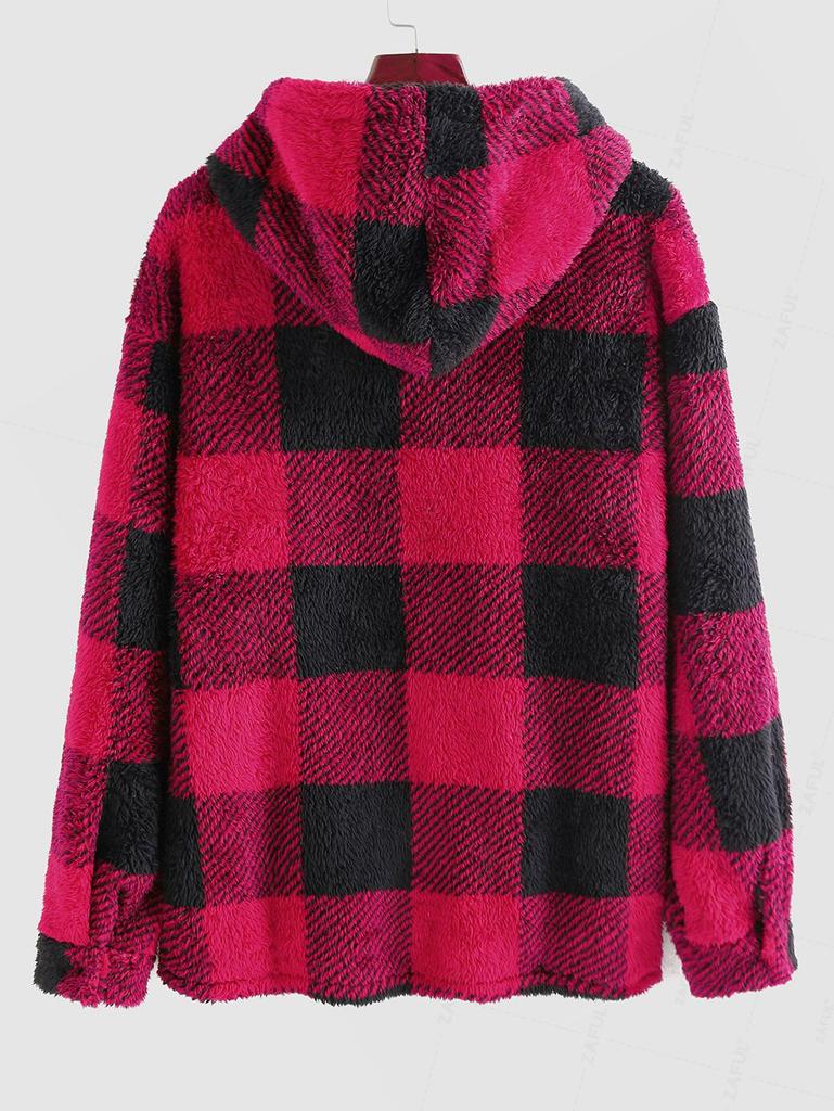 ZAFUL Men's Checkerboard Plaid Pattern Winter Warmth Fluffy Faux Fur Hooded Jacket