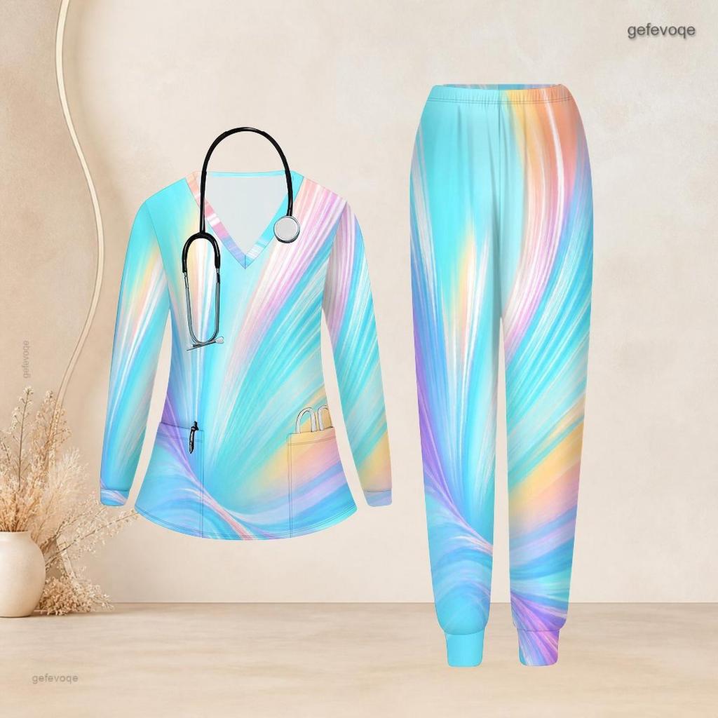 Women Plus Size V Neck Long Sleeve Printed Nurse Scrub Two Piece Set With Pockets