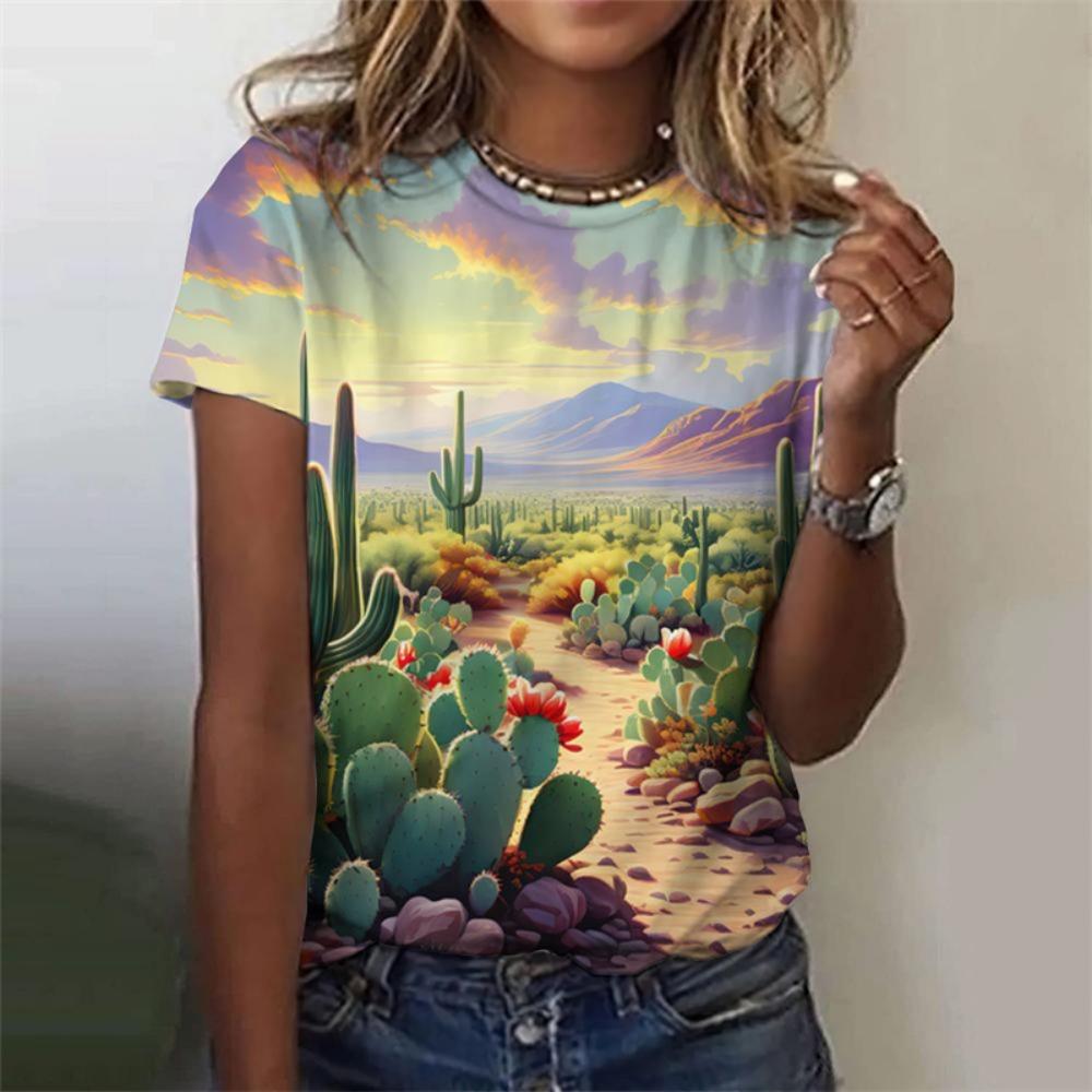 Natural Scenery Pattern T-Shirt For Women Sunset Plants 3D Printed T Shirts Summer Fashion Street Tees O-Neck Tops Short Sleeves