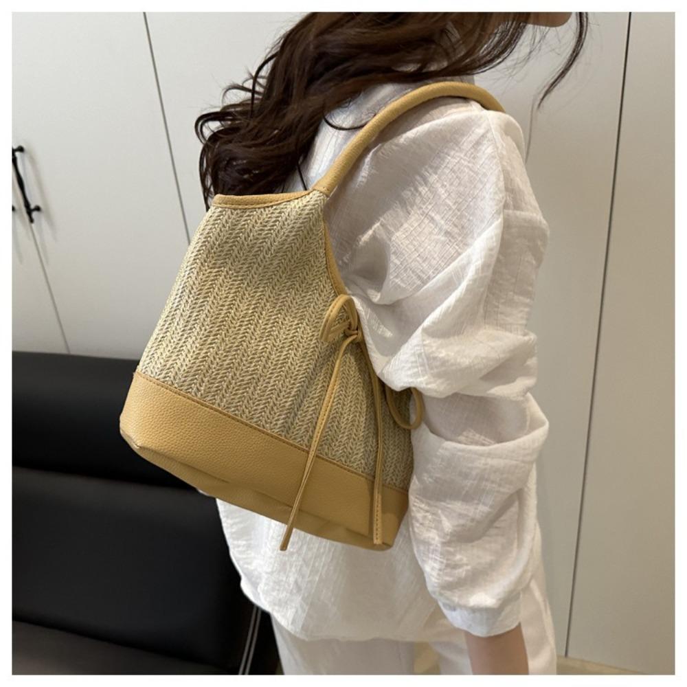 Elegant Straw Shoulder Bag Bow Tie Women's Handbag Trendy Weaving Tote Bag Lady