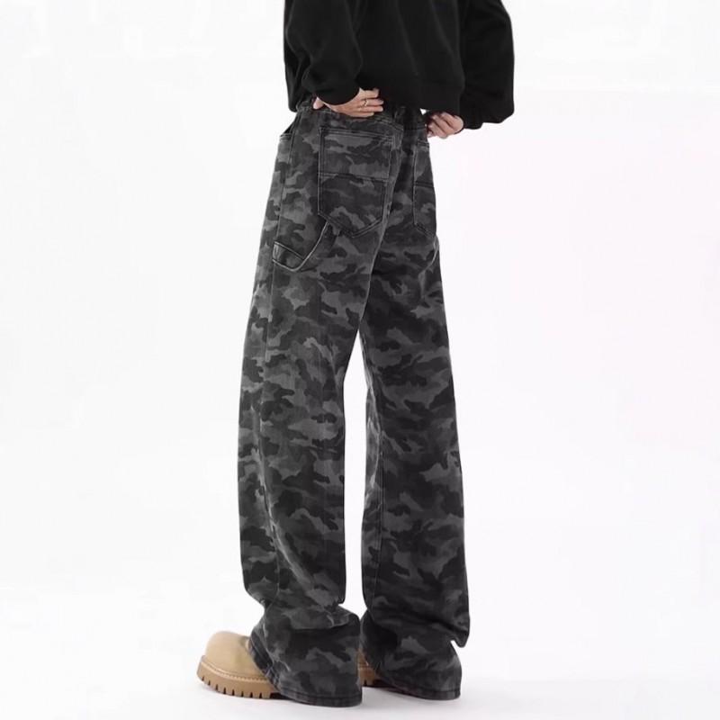Mens Vintage Camo Wide Leg Denim Pants Relaxed Straight Cut Workwear Trousers