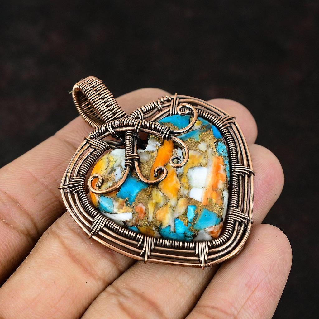 Колючая устрица, медная бирюзовая подвеска, кулон с драгоценным камнем, медная проволока, кулон, медные украшения, кулон в форме сердца ручной работы, подарок для нее