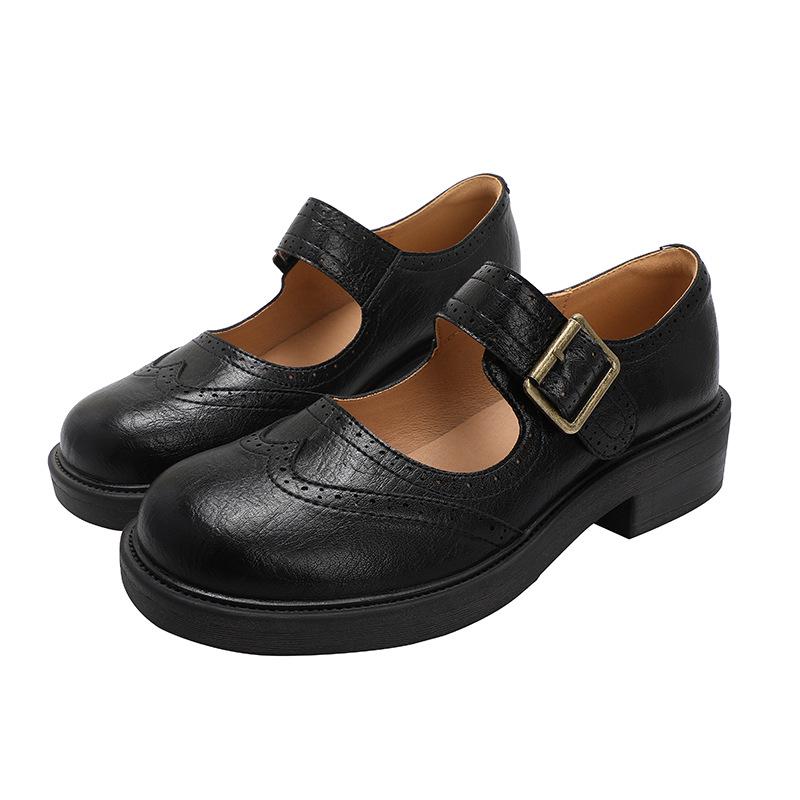 Женские туфли-броги «Мэри Джейн» в стиле ретро — круглый носок, толстый каблук, неглубокая горловина, идеально подходят для осени и зимы.