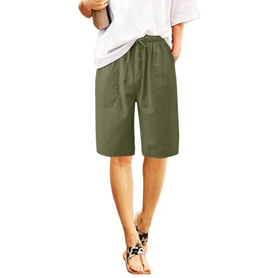Женские летние шорты из хлопка и льна, повседневные шорты с широкими штанинами, завязывающиеся на шнурок, с карманами, длиной до колена для отдыха на пляже