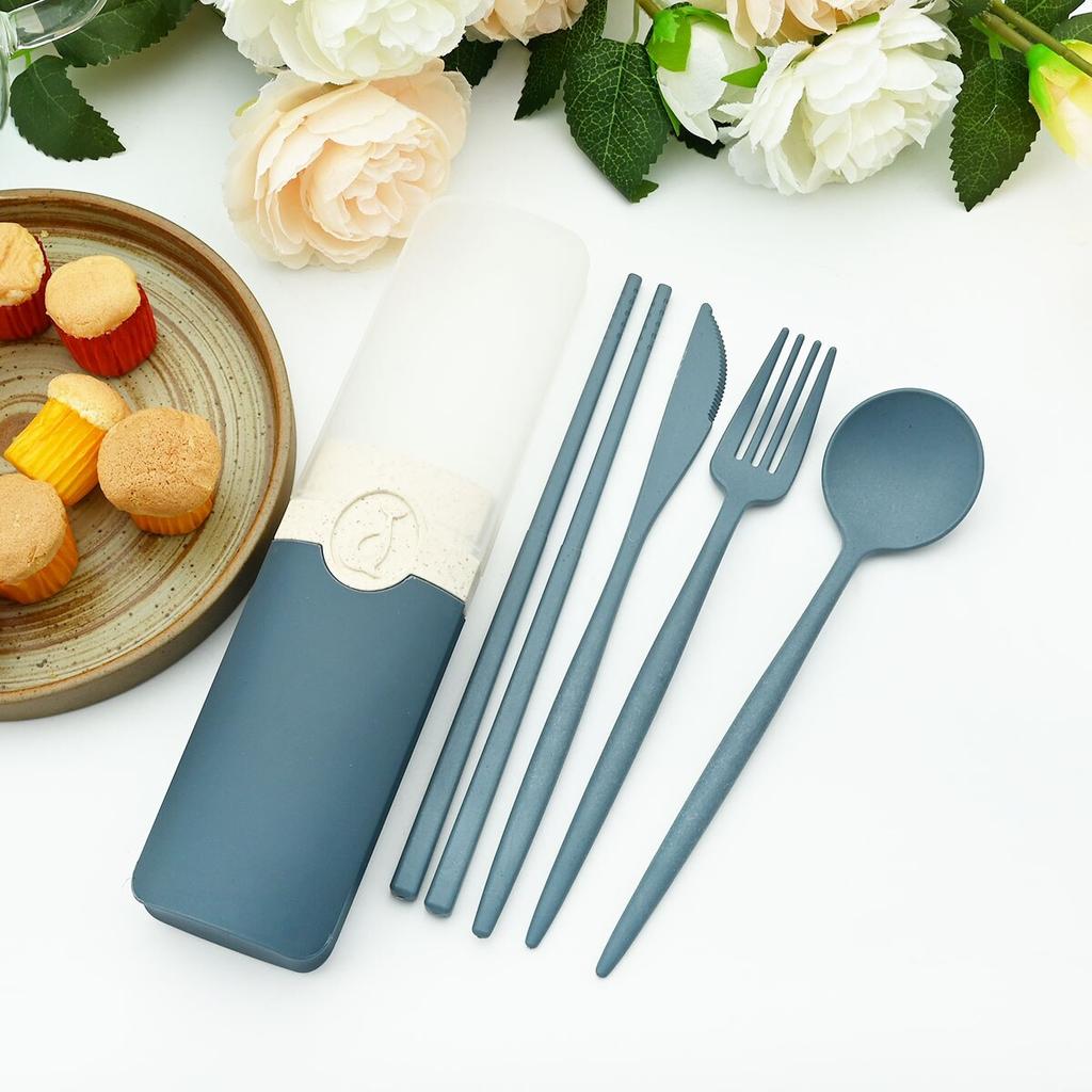 Красочный портативный набор столовых приборов из пшеницы, нож, вилка, ложка, палочки для еды с дорожной коробкой для столовой посуды, детский студенческий набор столовых приборов