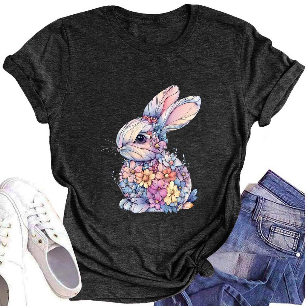 Women's Fashion Round Neck Short Sleeve T-Shirt Easter Printed Casual Top