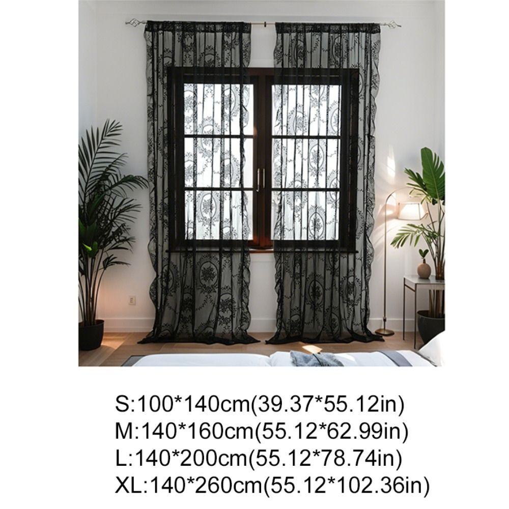 2 Pcs Retro Gauze Curtain Ruffled Edge Voile Curtain Home Decor French Lace Floral Curtain  Bedroom