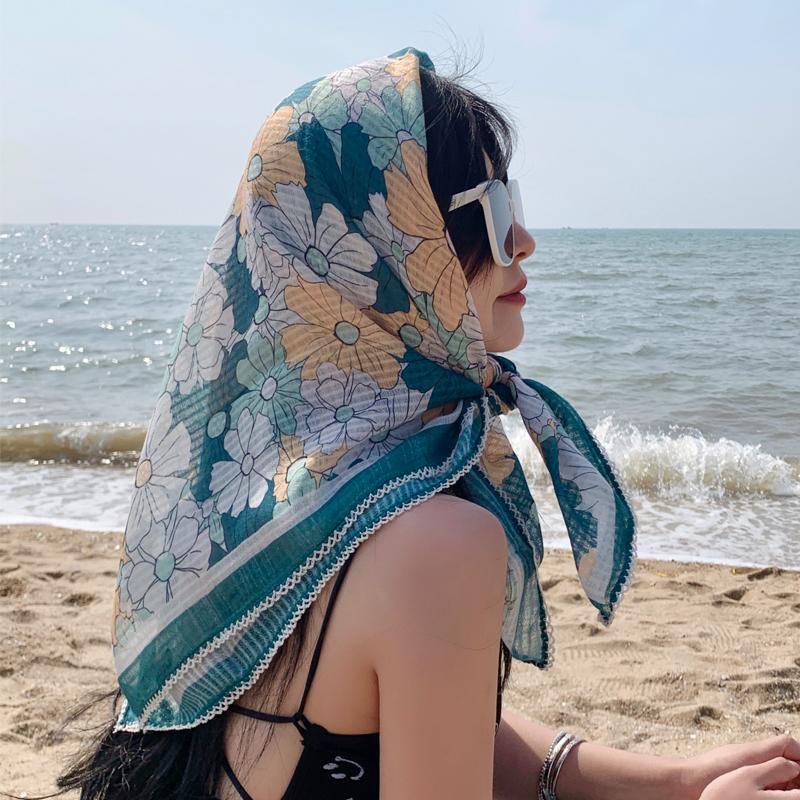 91Cm small floral large square scarf cotton and linen silk scarf women's versatile thin sunscreen scarf shawl outer headscarf yarn