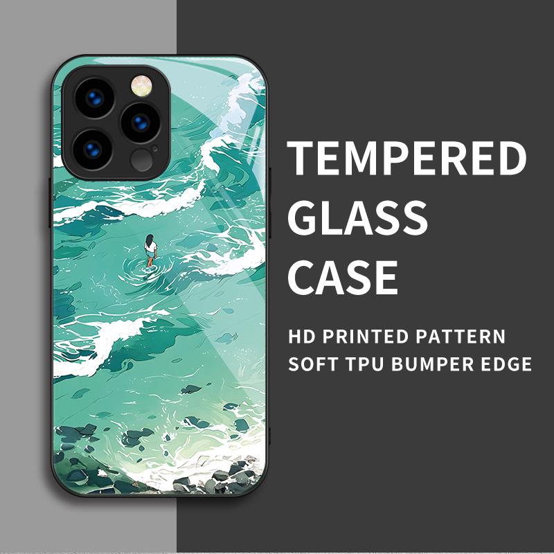 Закаленный стеклянный корпус Walking in the Ocean Printed Защитный чехол TPU Мягкий чехол Shell для iPhone Samsung