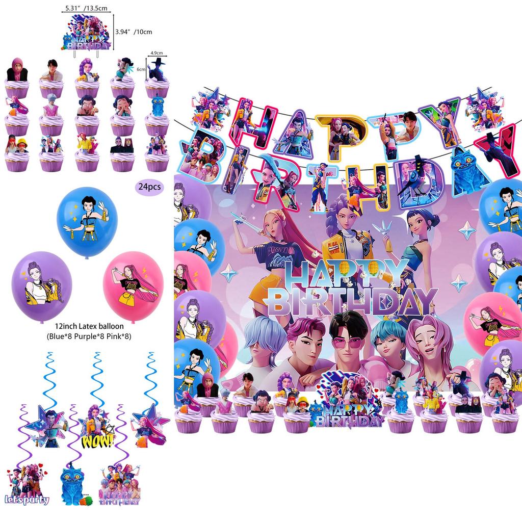 Набор баннеров и украшений для дня рождения в стиле K-pop «Охотники на демонов» с воздушными шарами и фоном для фанатов аниме