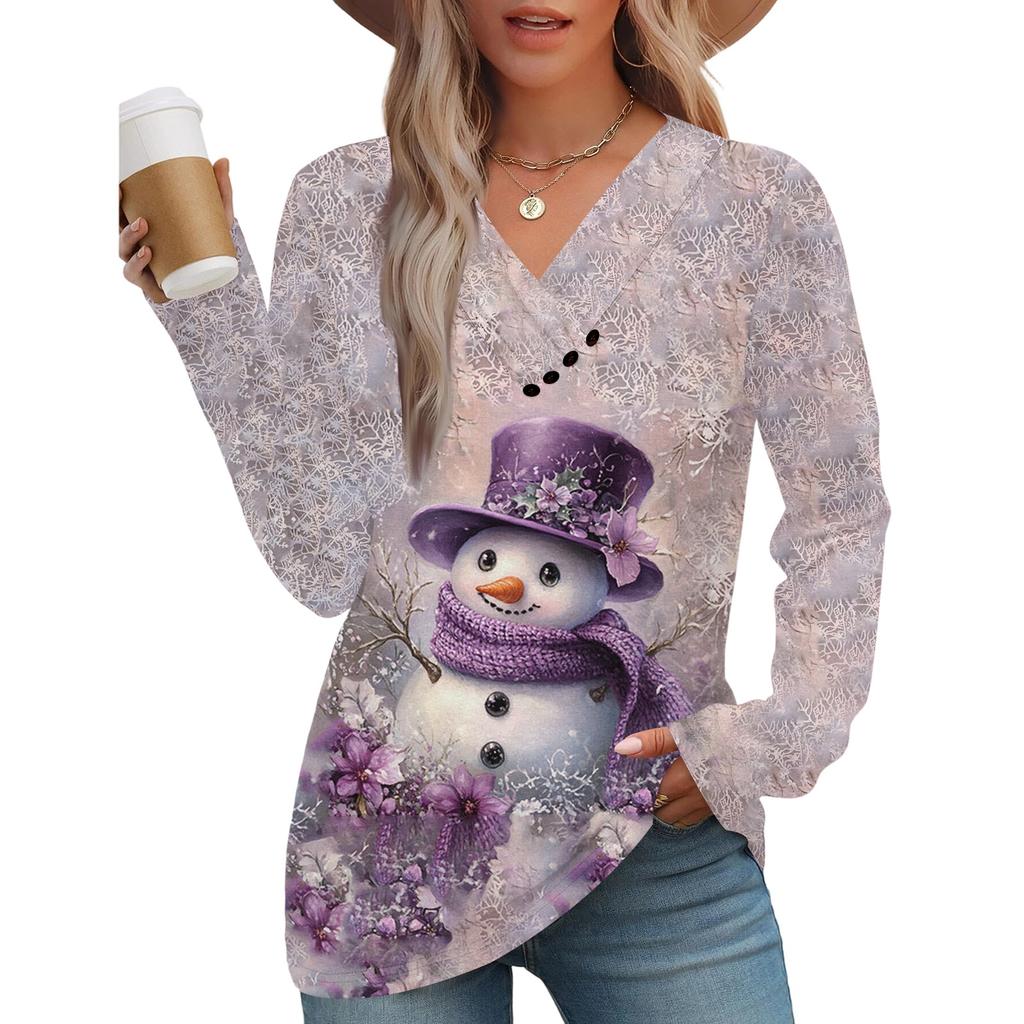 Women's Fashion Casual V-neck Pleated Christmas Long Sleeve Top
