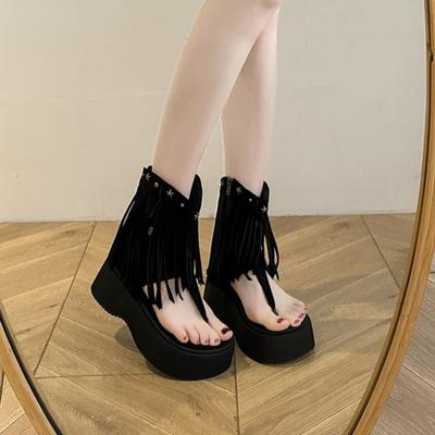 Женские сандалии в стиле ретро с бахромой, летние туфли на плоской подошве в стиле бохо, пляжная обувь на шнуровке, Sandalias Mujer