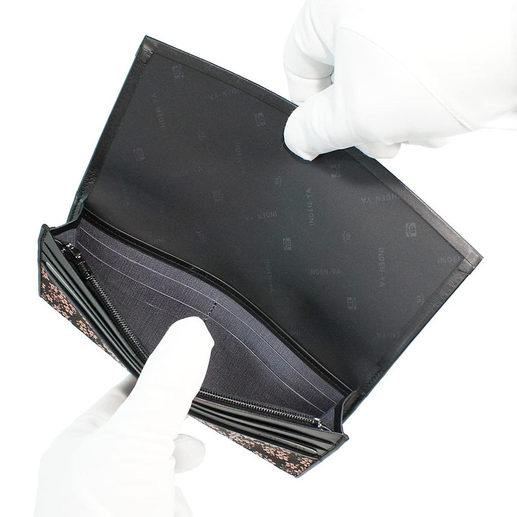Кошелек Inden Long Black with Pink [Inden-ya], Тонкий, Оленья кожа, Лак, Узор «Незабудка», 2311-51-181