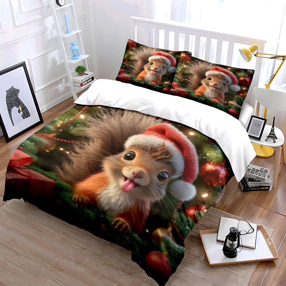 Christmas Squirrel in Santa Hat Bedding Duvet Cover Set (1*Duvet Cover 2*Pillowcases, without duvet insert)