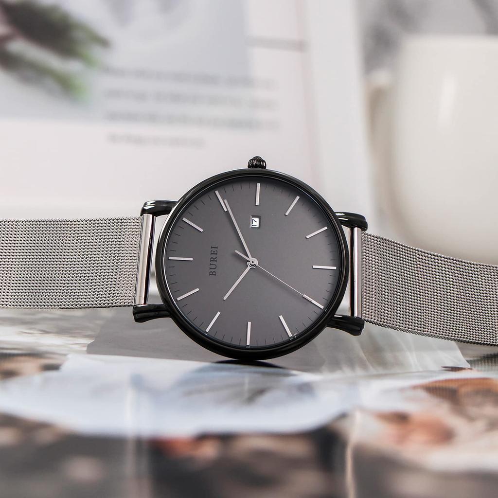 BUREI Men's Watch: Simple, Stylish, Popular Brand, Ultra-Thin, Lightweight, Analog, Waterproof, Quartz Movement, Black-Gray