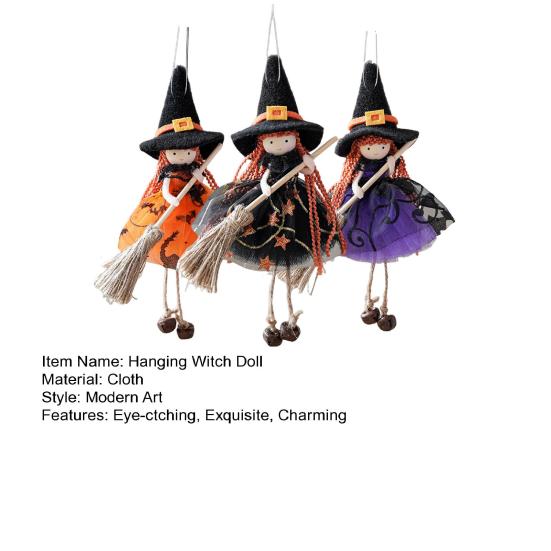 Halloween Witch Doll Decor with Broom Small Witch Figurine with Gauze Skirt Kitchen Hanging Witch Ornament for Room Door Window Halloween Decor