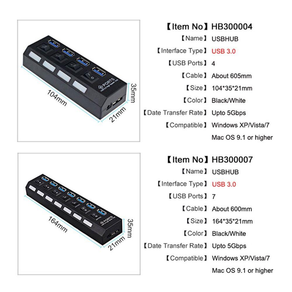 Plug Splitter Converter on/Off Switches 5Gbps High Speed 4/7 Port USB 3.0 Hub AC Power Adapter