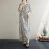 Summer New Cotton and Linen Literary and Retro Loose and Thin V-neck Vertical Striped Robe Dress Women