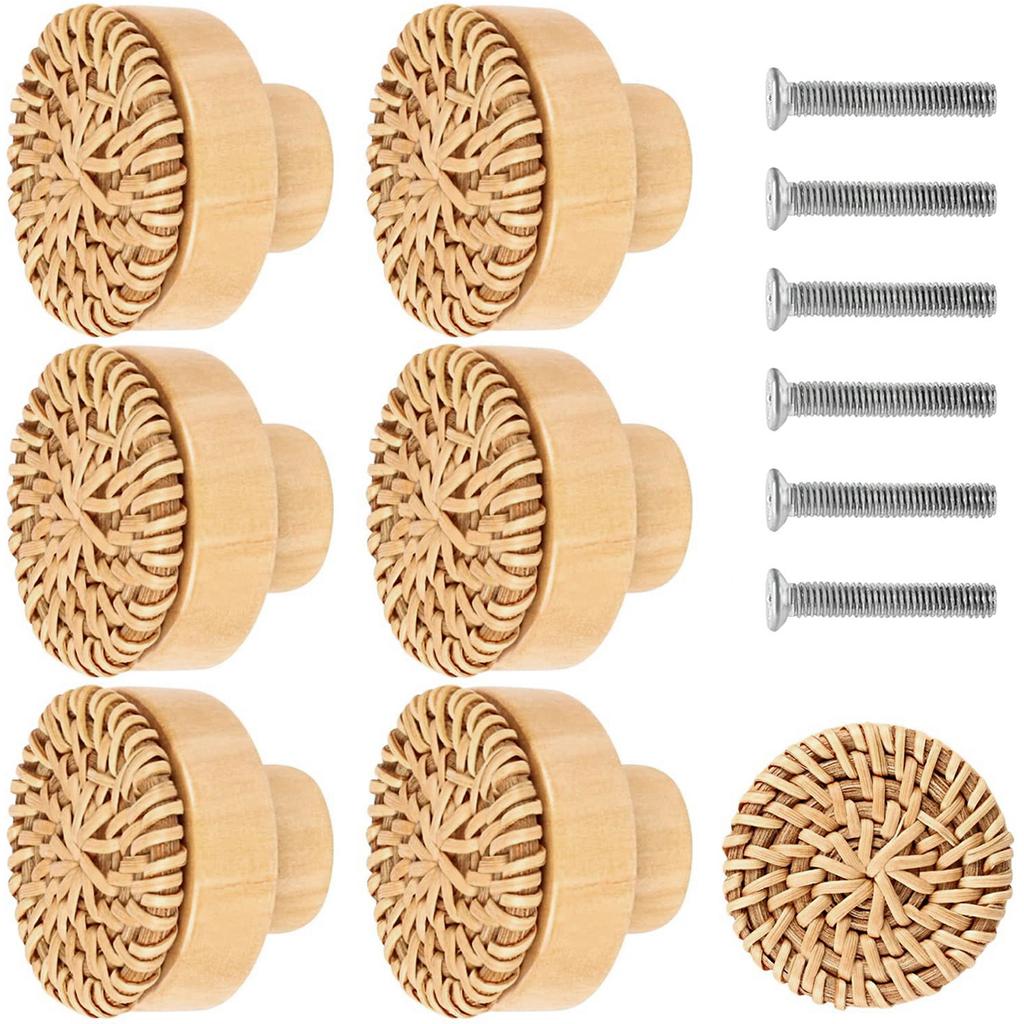 6/12pcs Rattan Cabinet Knob Handle Drawer Hand Pulls Replacement Furniture Door Cupboard Kitchen Bathroom Hardware Accessories