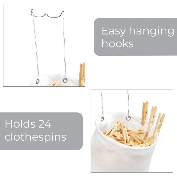 Smart Design Clothespin Bag Holder w/Hanging Hook - Non-Woven Material - for Outdoor Clothesline Cord, Clothes, Arts, Crafts - Home Organization (13