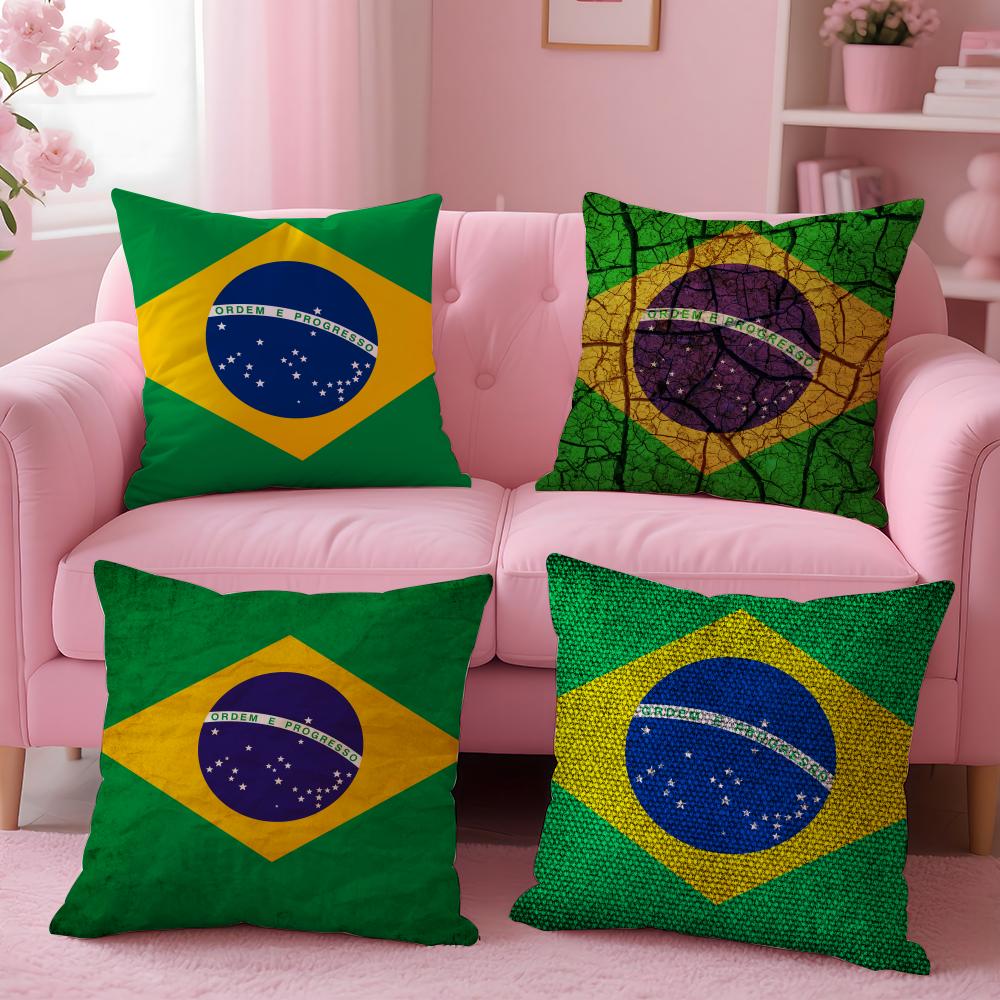 Brazil Flag Cushion Cover Plush Fabric Soft Double-Sided Printed Sofa Warm Winter Home Gift Pillow Cover