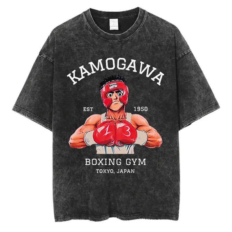 Винтажная стираная хлопковая футболка Аниме Hajime No Ippo Боксерский зал Камогавы Свободные футболки Мужчины Женщины Y2K Хип-хоп Летний топ