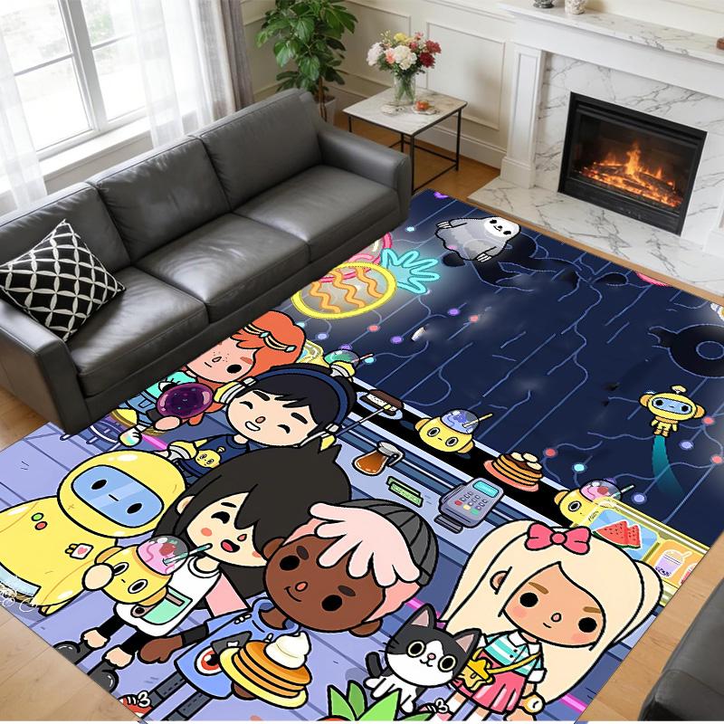 Anti‑Slip Crystal Velvet Floor Rug, Toca Boca World Design Carpet for Indoor Living Bedroom Home Decoration