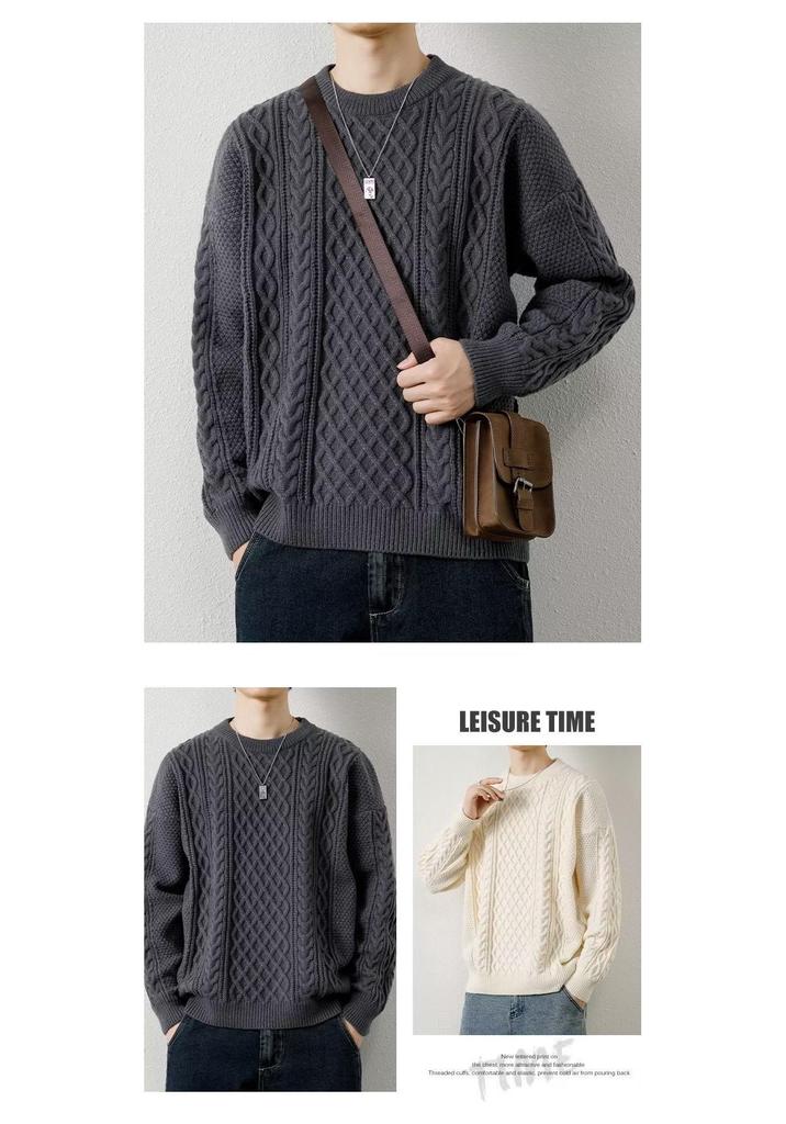 Men's Retro Cable Knit Sweater - Round Neck, Loose Fit, Trendy Autumn/Winter Woolen Knitwear for Teens