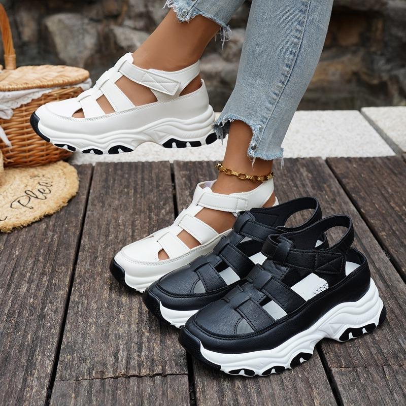 Women's Wide Width Platform Sneakers, Breathable Cutout Wedge Sports Shoes, Velcro Strap Height Increasing Casual Shoes