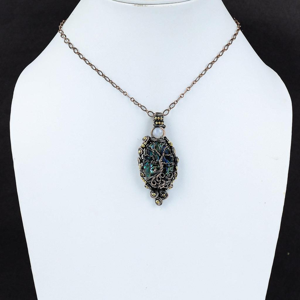 Древо жизни Подвеска из ракушки морского ушка Медная проволока Подвеска Радужная подвеска из лунного камня Драгоценный камень Подвеска ручной работы Медные украшения для подарка