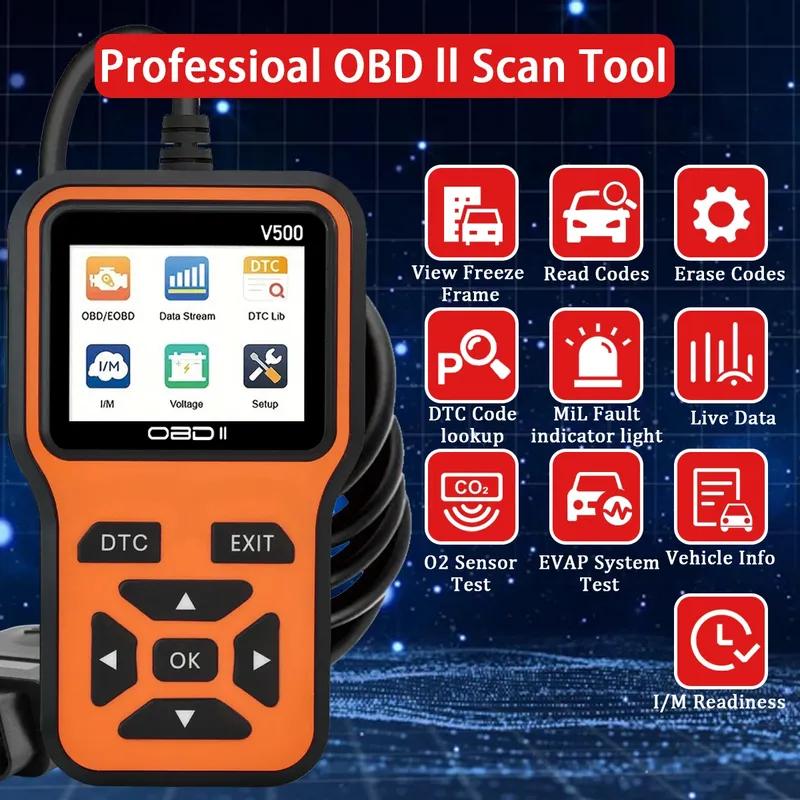 Автомобильный сканер OBD2 Диагностический инструмент Считыватель кодов, Тестер напряжения автомобиля Сканер кодов неисправностей двигателя, Тестер зарядки Диагностический инструмент V500