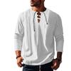 Long Sleeved Loose Strap V-neck Men's Solid Color Cotton Linen Beach Shirt