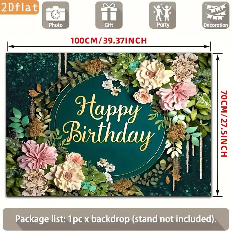 2D Elegant Green Floral Birthday Backdrop with Pink Flowers Photography Background